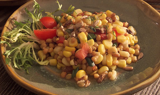 Marinated Corn and Lentil Pasta Salad