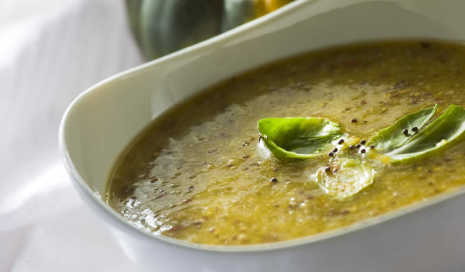 Butternut Squash Soup with Brown Mustard Seeds & Braised Brussels Sprouts